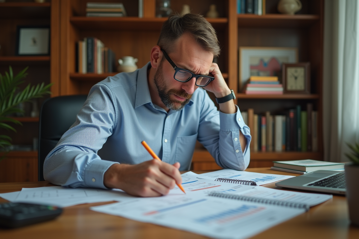 Homme d'âge moyen dans un bureau à domicile en train de revoir ses calculs financiers