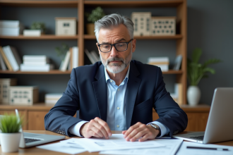 Homme en costume bleu examine des documents immobiliers