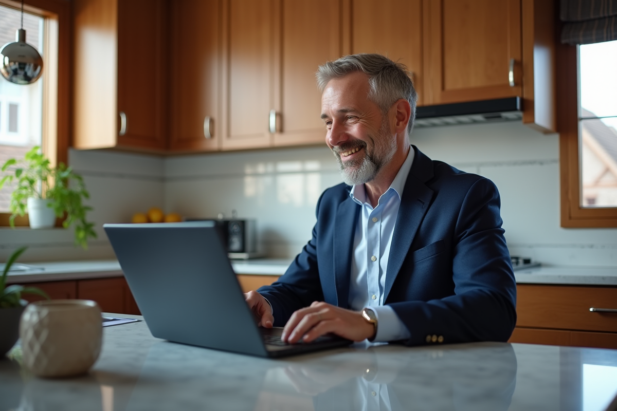 Homme d'âge moyen en costume regardant des graphiques de taux de prêt immobilier