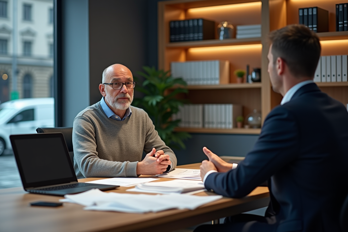 Homme en sweater rencontre un conseiller financier au bureau