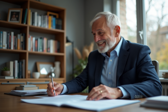 Homme retraité en costume dans son bureau moderne