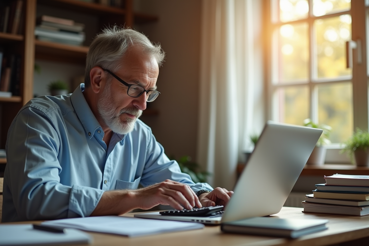 Homme mature utilisant un ordinateur et une calculatrice à son bureau