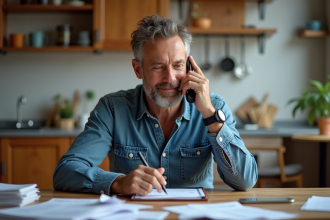 Homme d'âge moyen au téléphone avec factures et carnet
