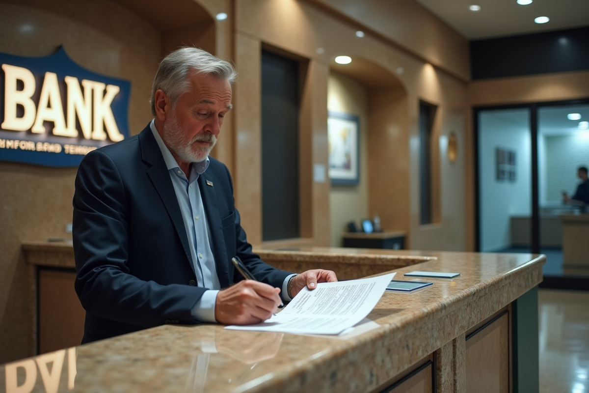 Homme au guichet bancaire remplit un formulaire de transfert