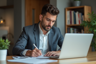 Homme d affaires travaillant sur ses finances à la maison