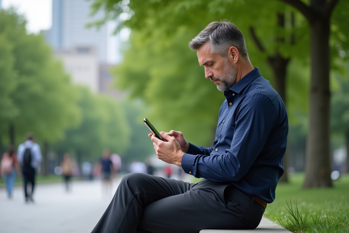 Homme d affaires étudiant des graphiques financiers dans un parc urbain