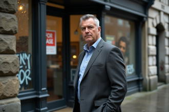 Homme d'âge moyen devant un local vacant en ville