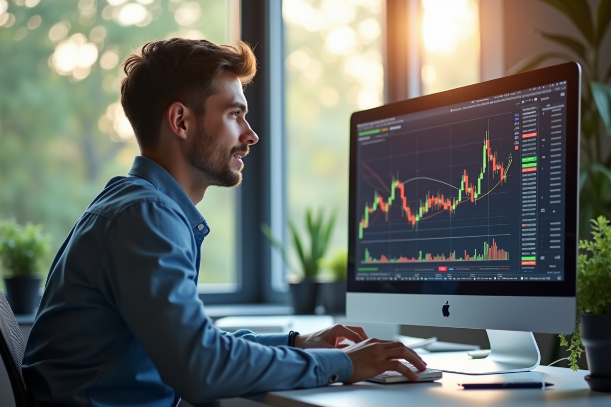 Jeune investisseur analysant graphiques boursiers colorés sur un écran lumineux