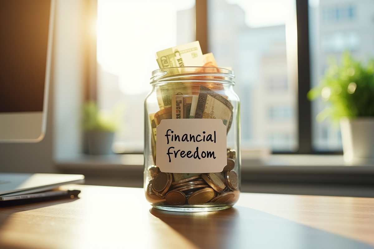 Pot rempli de billets et pièces avec étiquette liberté financière