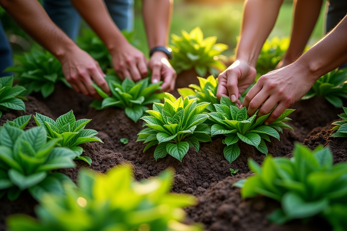 Mains cultivant différentes plantes dans un jardin verdoyant