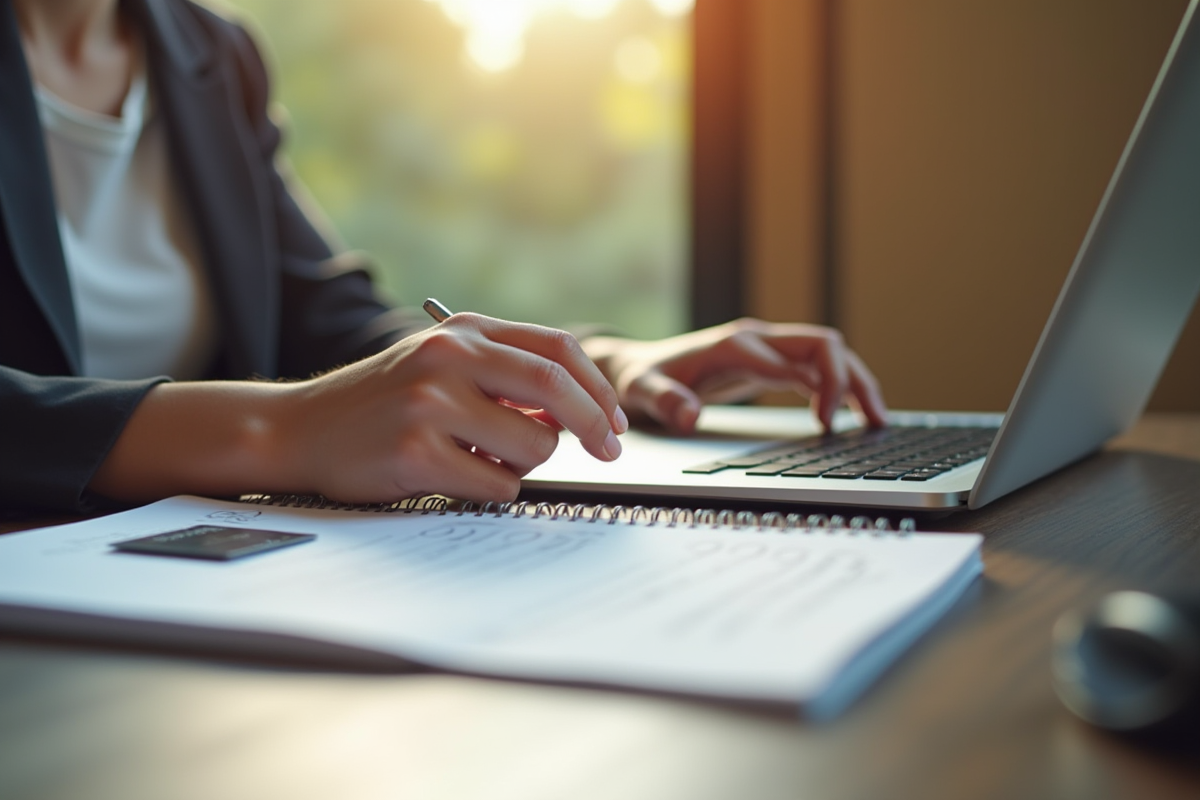 Jeune adulte travaillant sur des documents financiers à un bureau lumineux