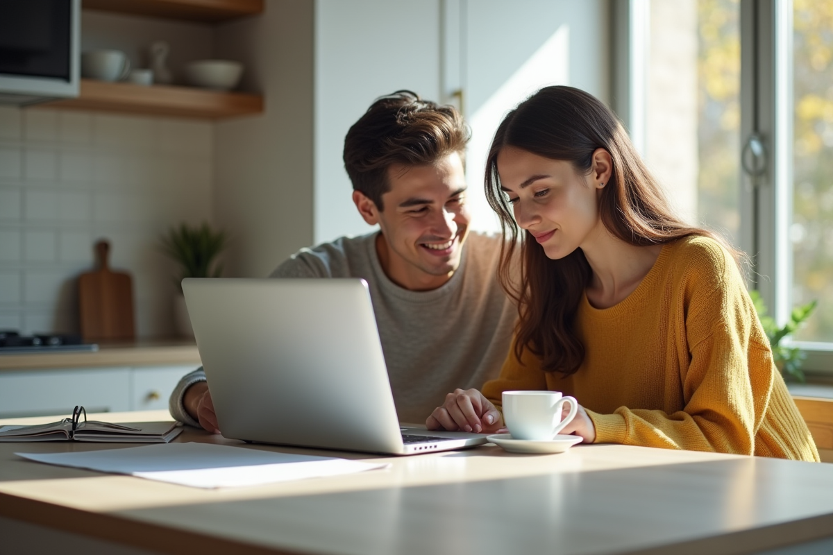 Jeune couple étudiant des documents immobiliers à la maison