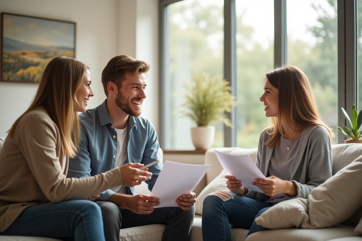 Jeune couple et agent immobilier discutant dans un salon lumineux