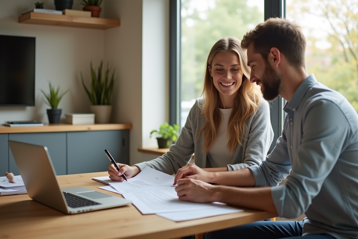 Jeune couple dans un salon moderne examine des documents de prêt immobilier