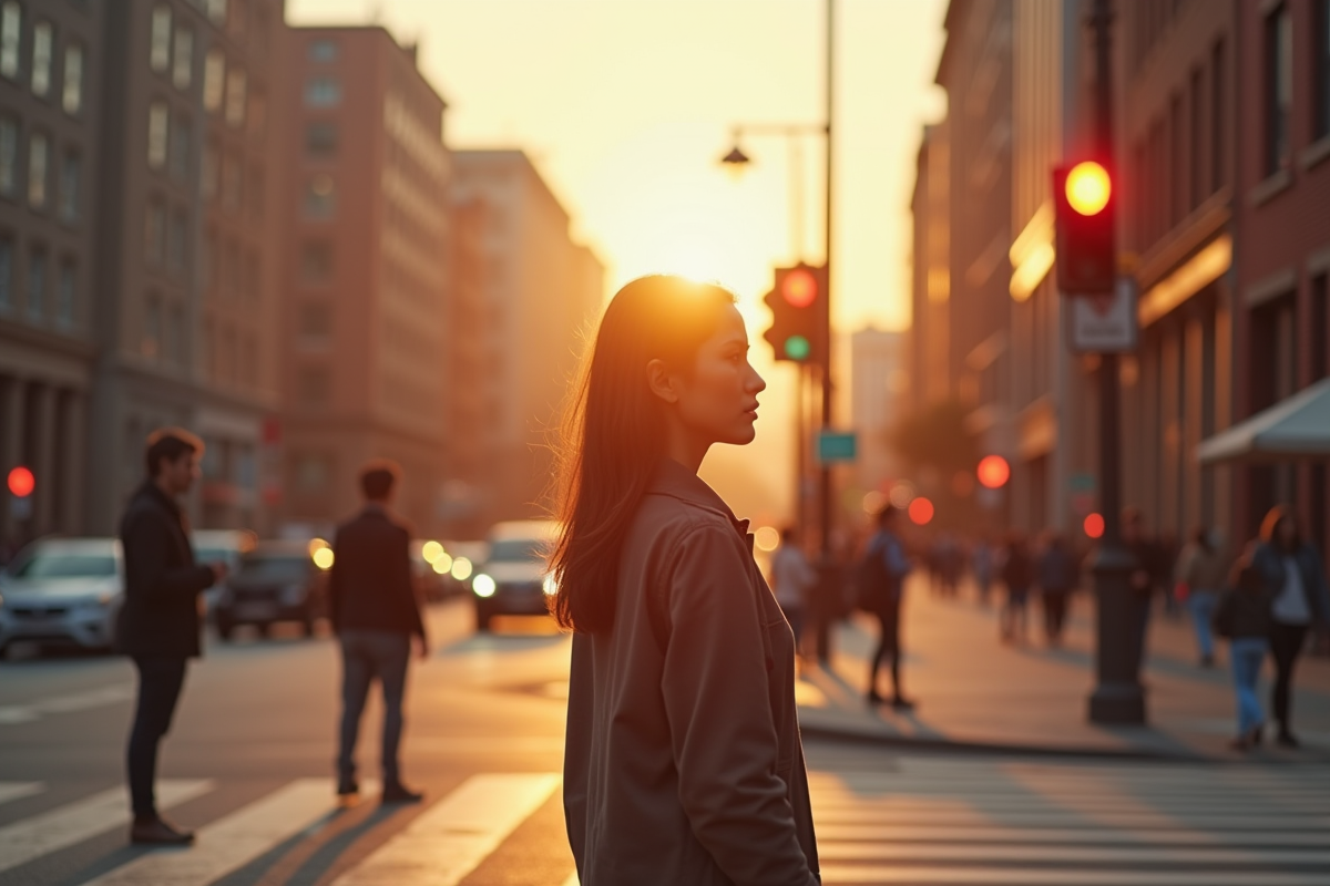 Jeune femme pensive attendant au feu rouge en ville