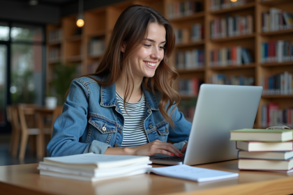 Jeune femme souriante dans une bibliothèque universitaire