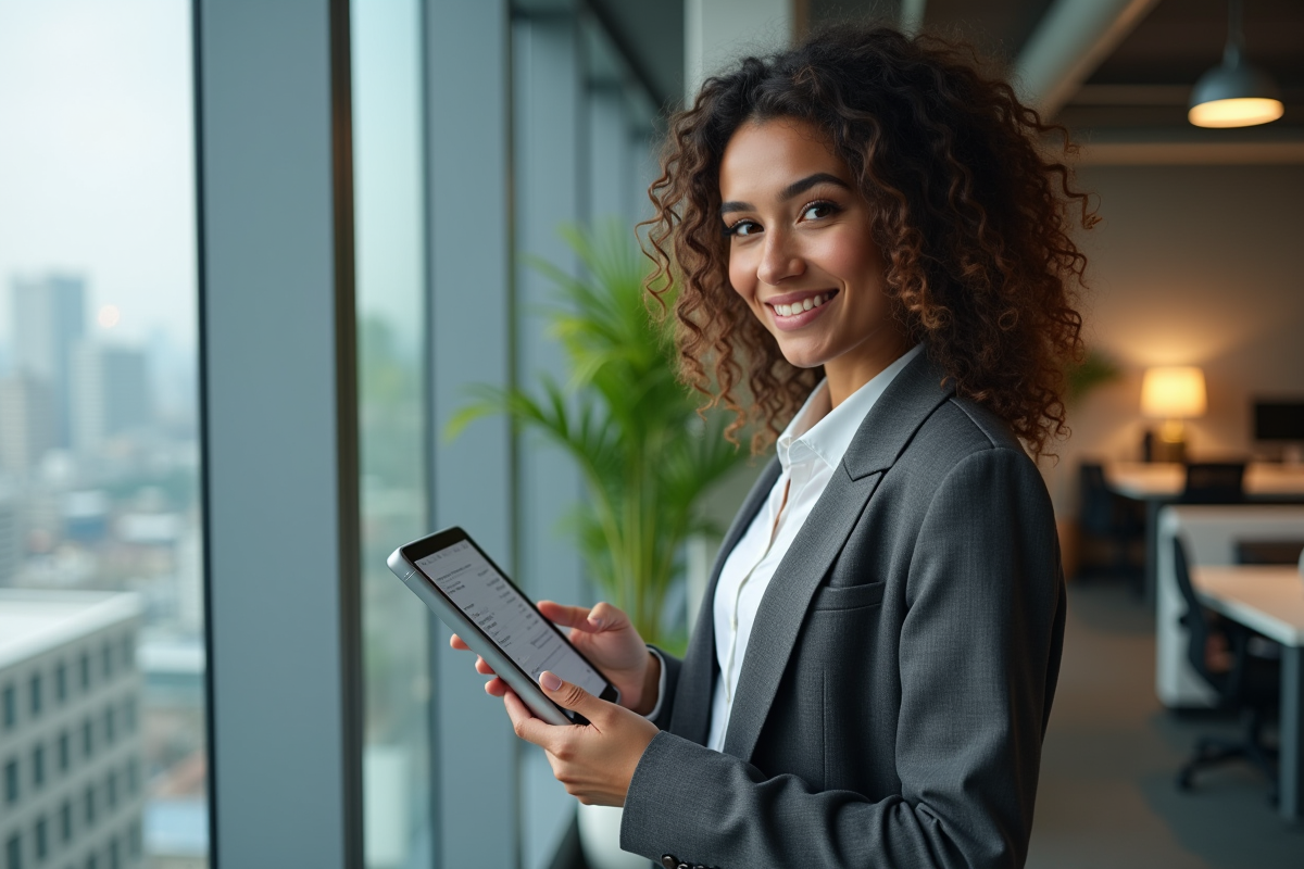 Jeune femme vérifiant une facture sur tablette