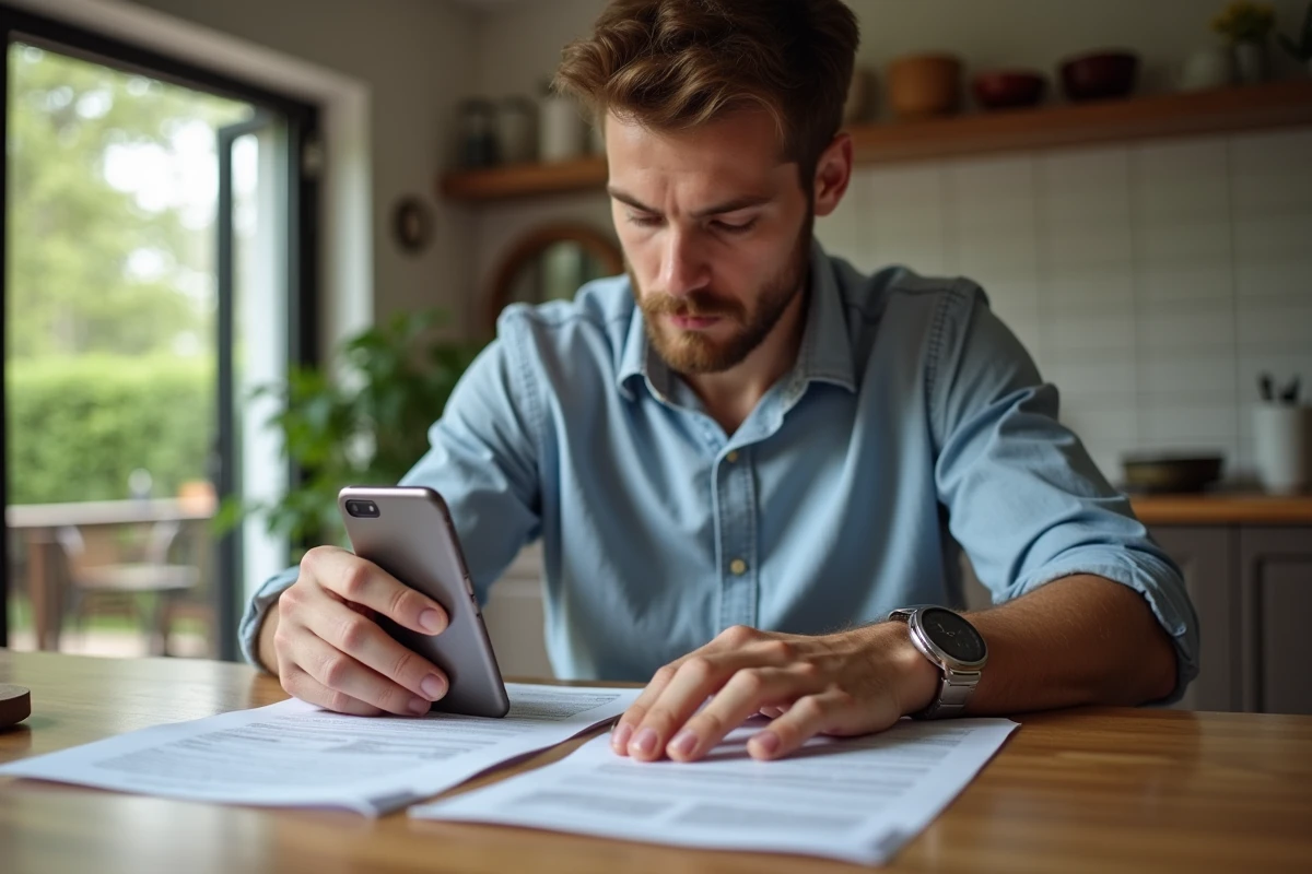 Jeune homme utilisant une application d assurance à la maison