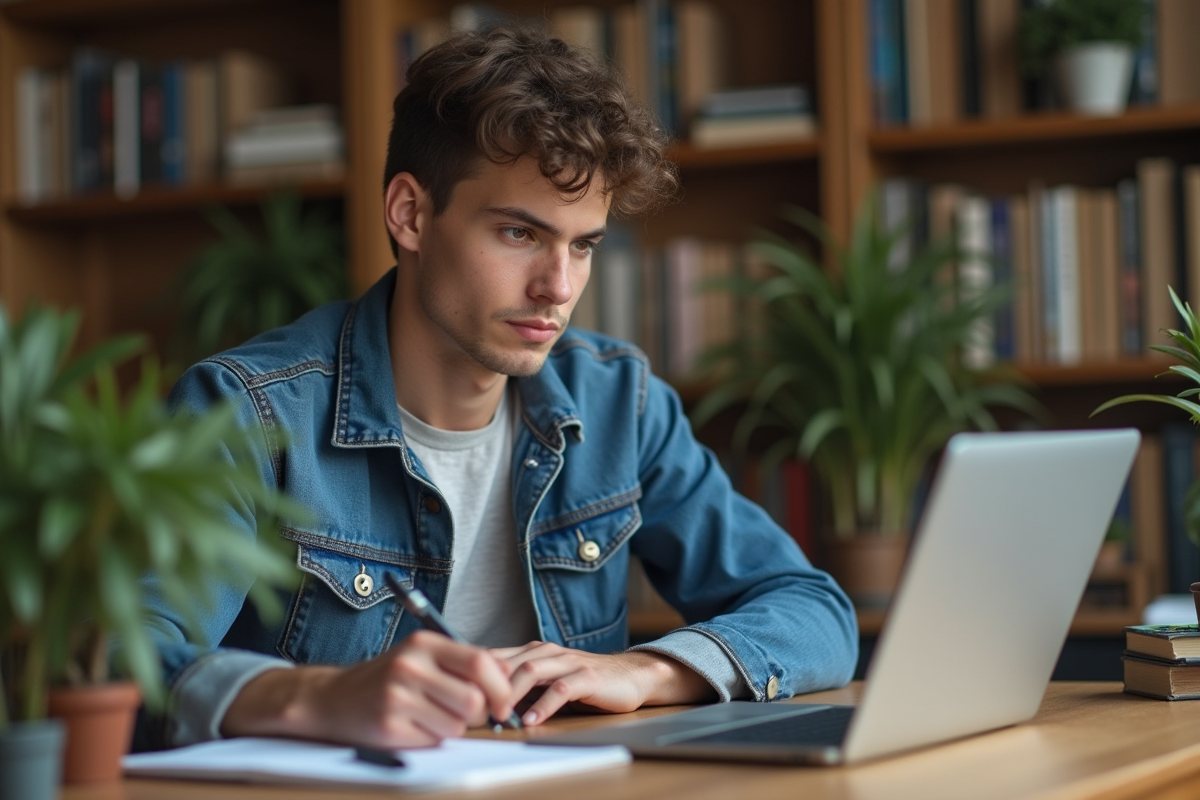 Jeune homme concentré devant son ordinateur à la maison