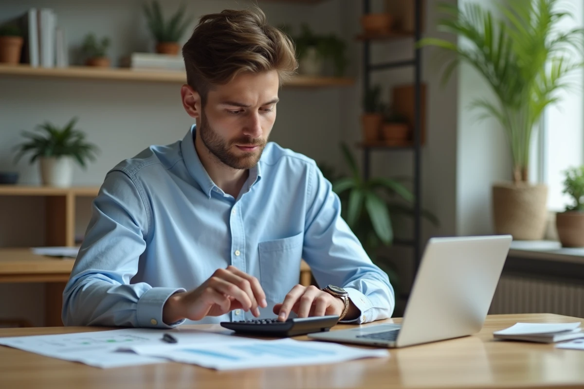 Jeune homme utilisant une calculatrice à la maison pour ses investissements