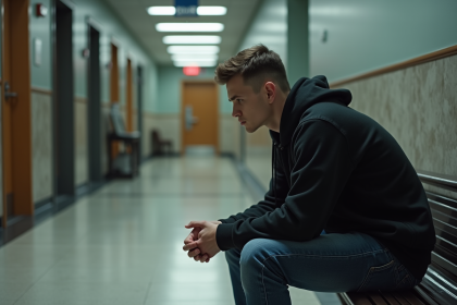 Jeune homme en hoodie dans un couloir de tribunal