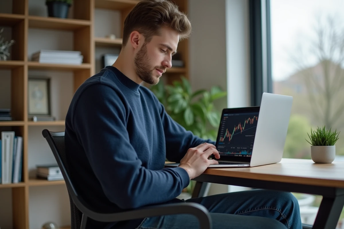 Jeune homme regardant des graphiques de cryptomonnaie sur son ordinateur