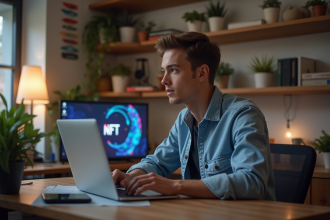 Jeune homme regardant un NFT coloré sur son ordinateur