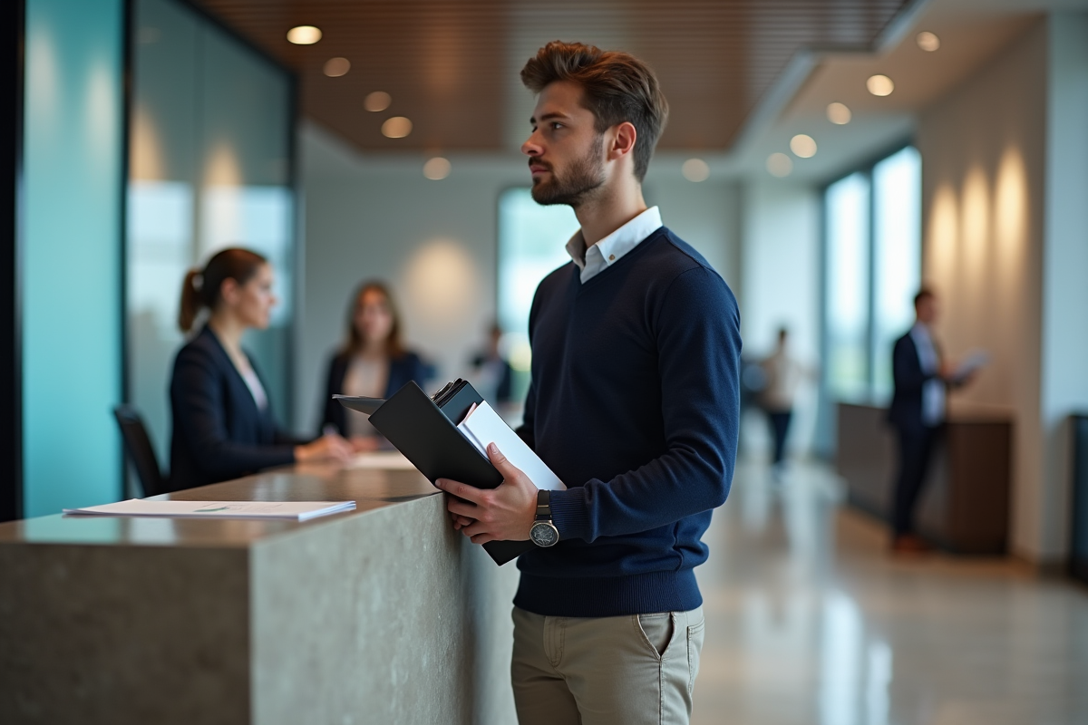 Jeune homme attentif au comptoir de banque avec documents
