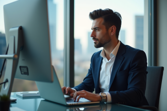 Jeune homme en blazer blanc et chemise dans un bureau moderne
