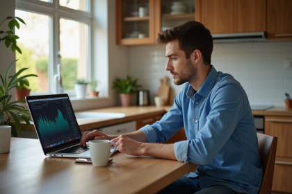 Jeune homme en cuisine regardant son ordinateur pour trader