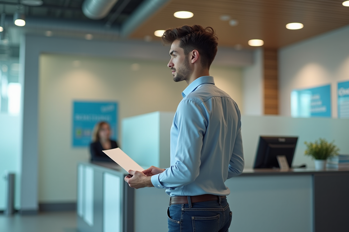 Jeune homme tenant une enveloppe dans une banque moderne