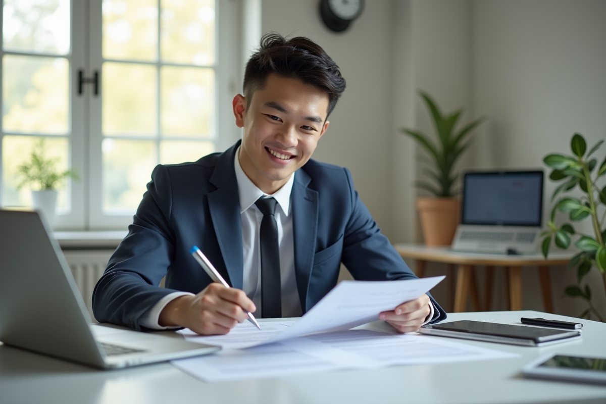 Jeune professionnel confiant au bureau lumineux avec documents