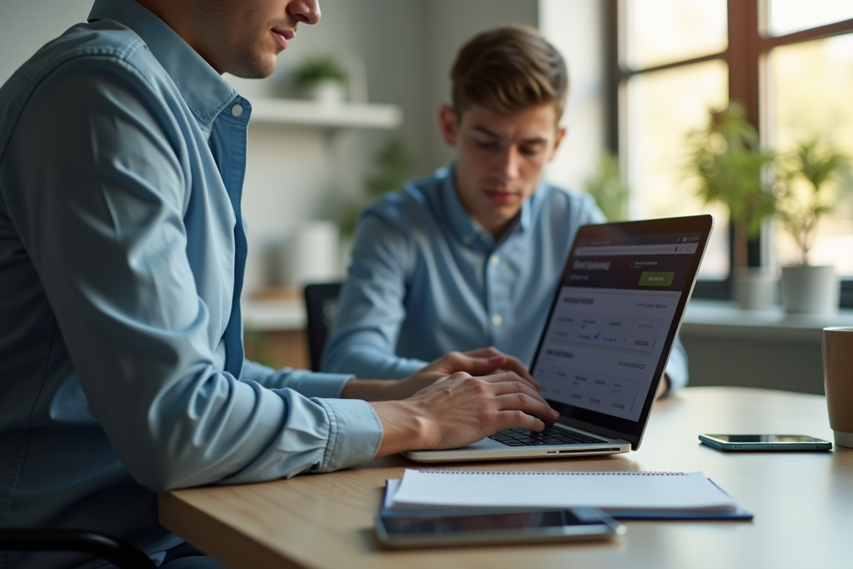 Jeune professionnel utilisant un ordinateur pour transférer des cryptomonnaies