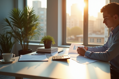 Jeune professionnel analysant des documents financiers lumineux