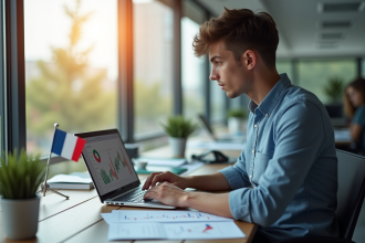 Jeune professionnel analysant des données financières avec drapeau français
