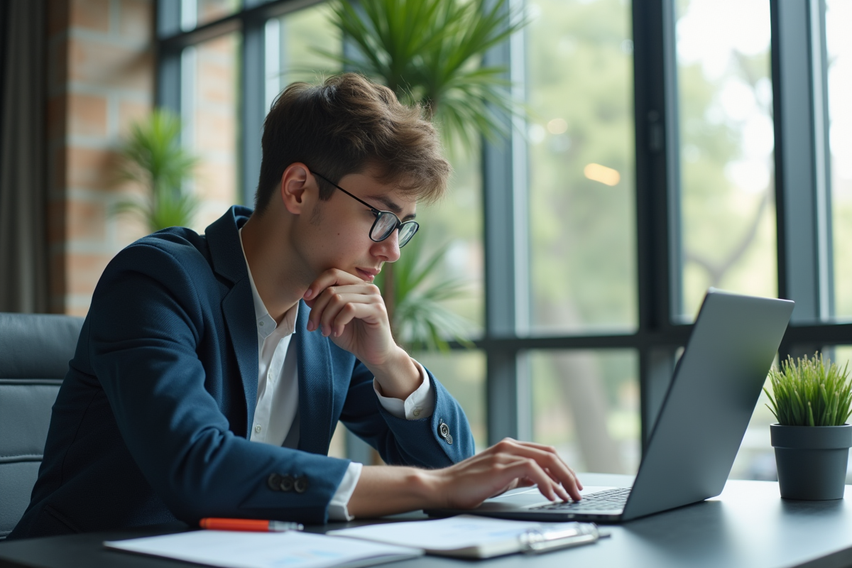 Jeune professionnel analysant des graphiques financiers au bureau