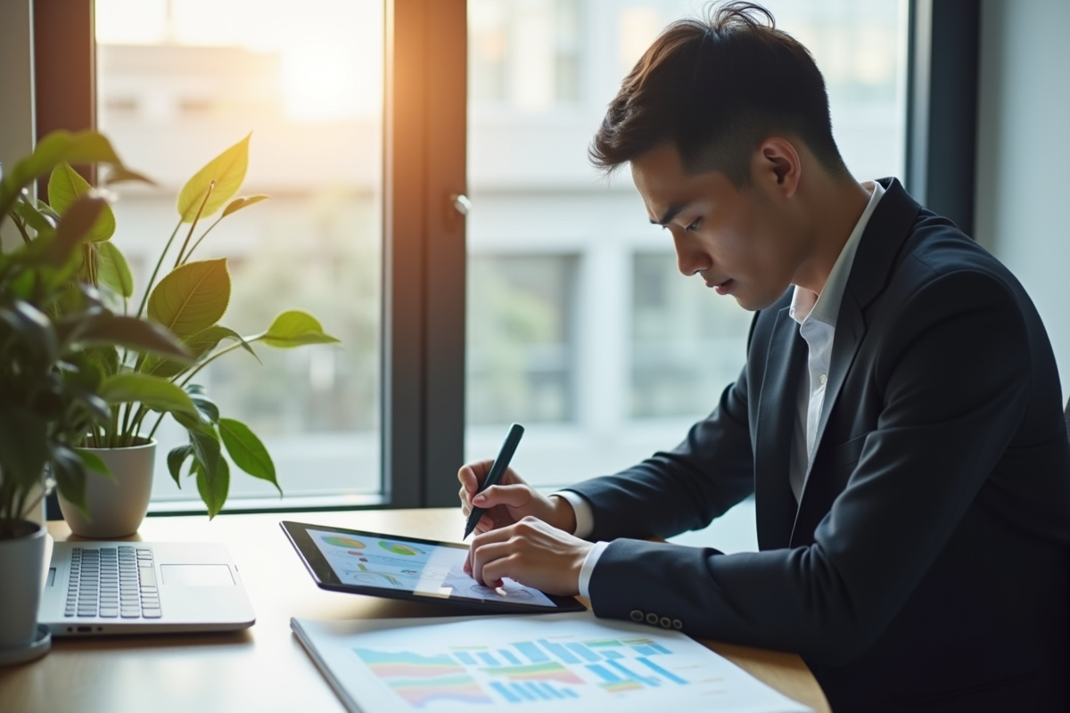 Jeune professionnel analysant des graphiques financiers sur une tablette dans un bureau lumineux