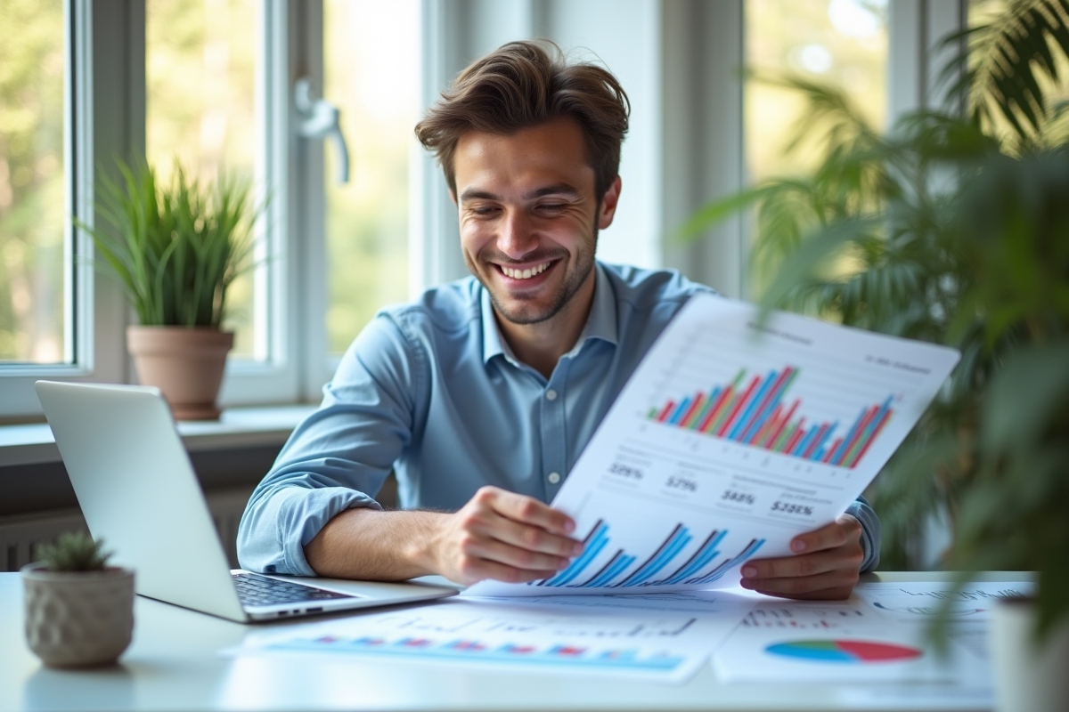 Jeune professionnel confiant analysant des graphiques financiers