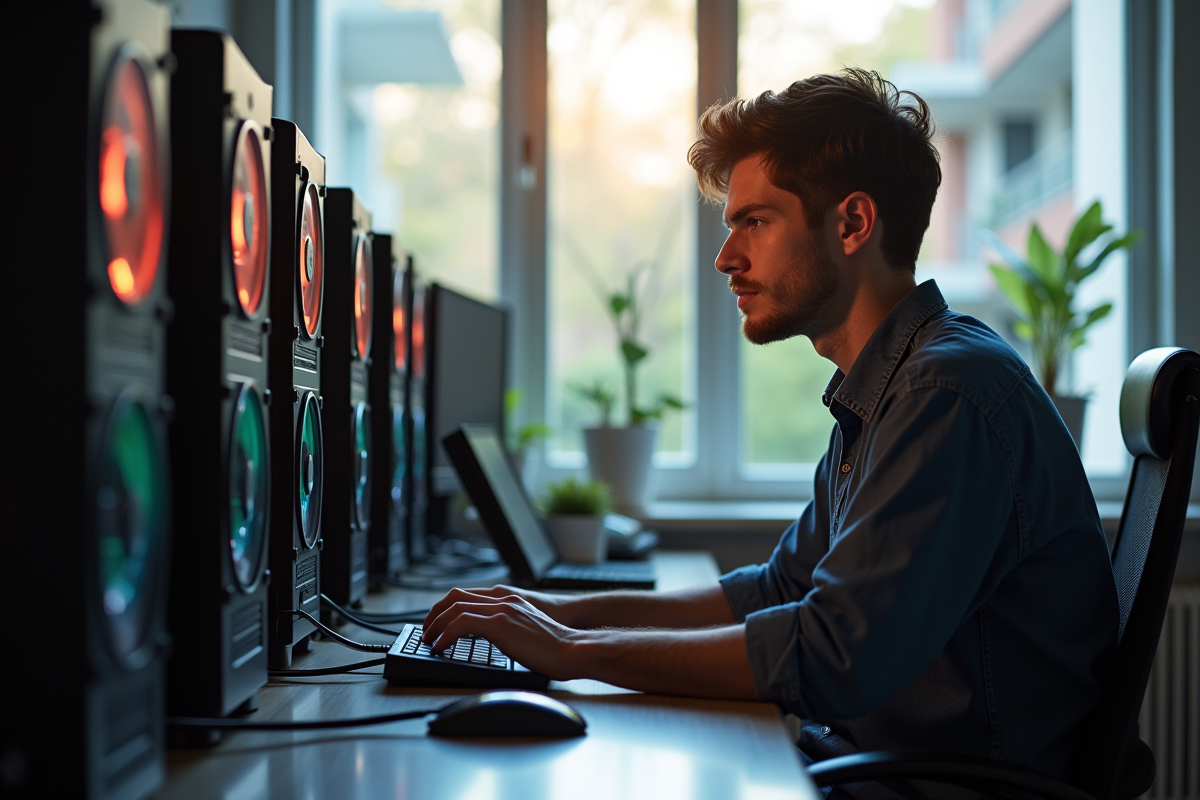 Jeune professionnel surveillant des rigs de minage crypto dans un bureau lumineux