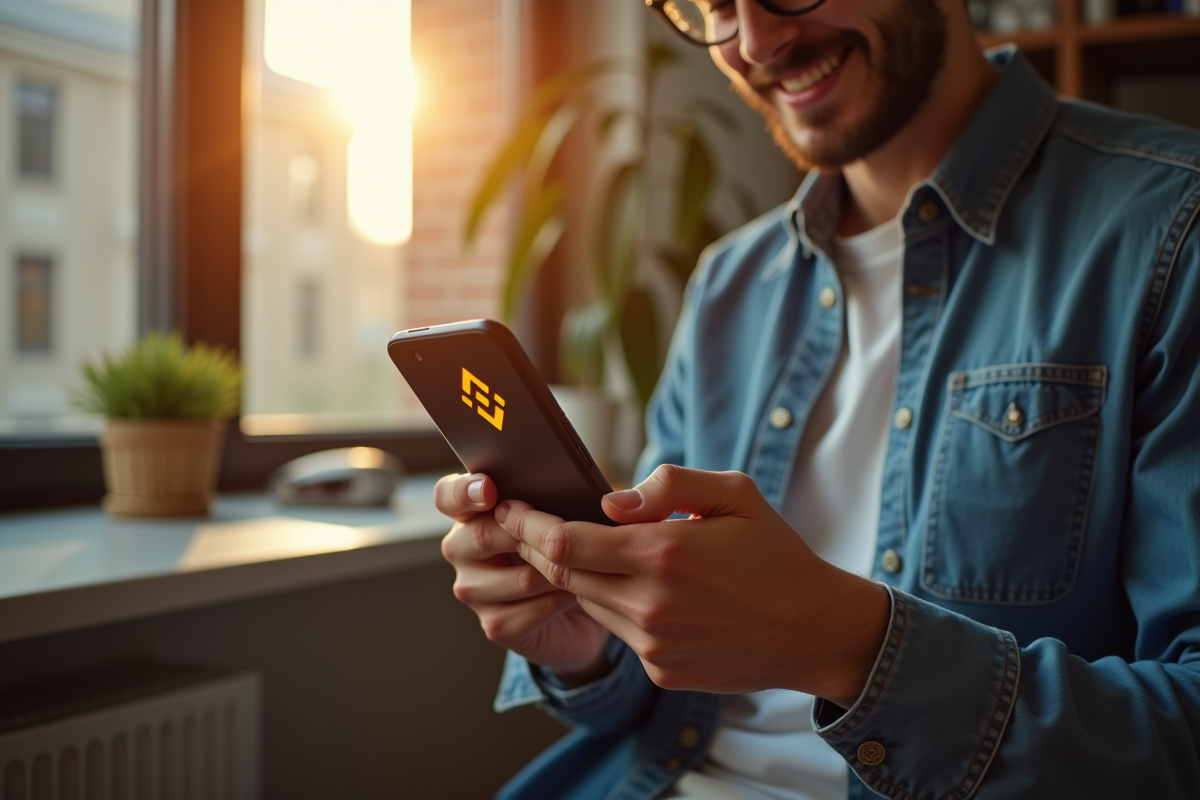 Jeune adulte confiant vérifiant son portefeuille crypto sur smartphone