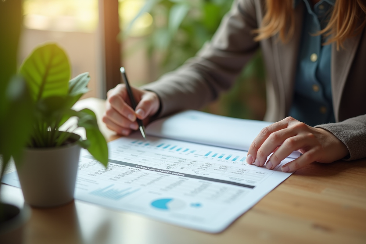 Personne examinant des documents financiers à la maison avec des plantes