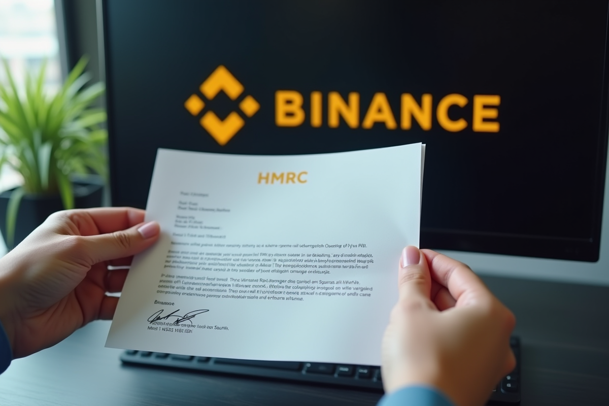 Deux mains tenant une lettre HMRC avec logo Binance en arrière-plan