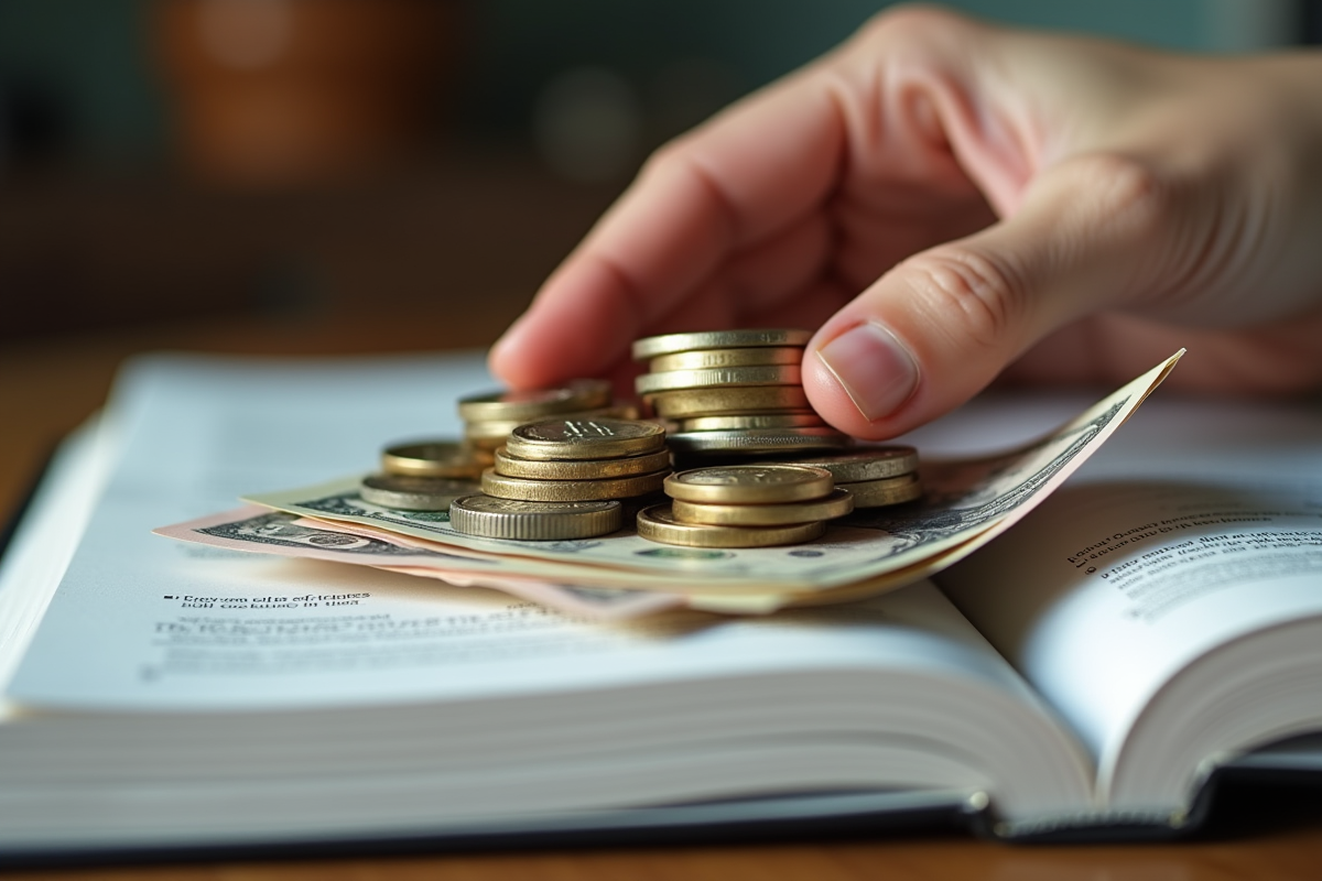 Main tenant un tas de pièces et billets sur un livre d'économie