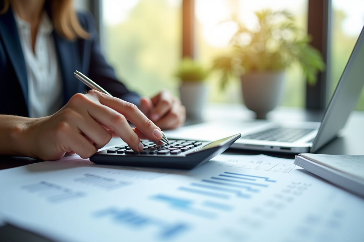 Main utilisant une calculatrice et écrivant des chiffres financiers