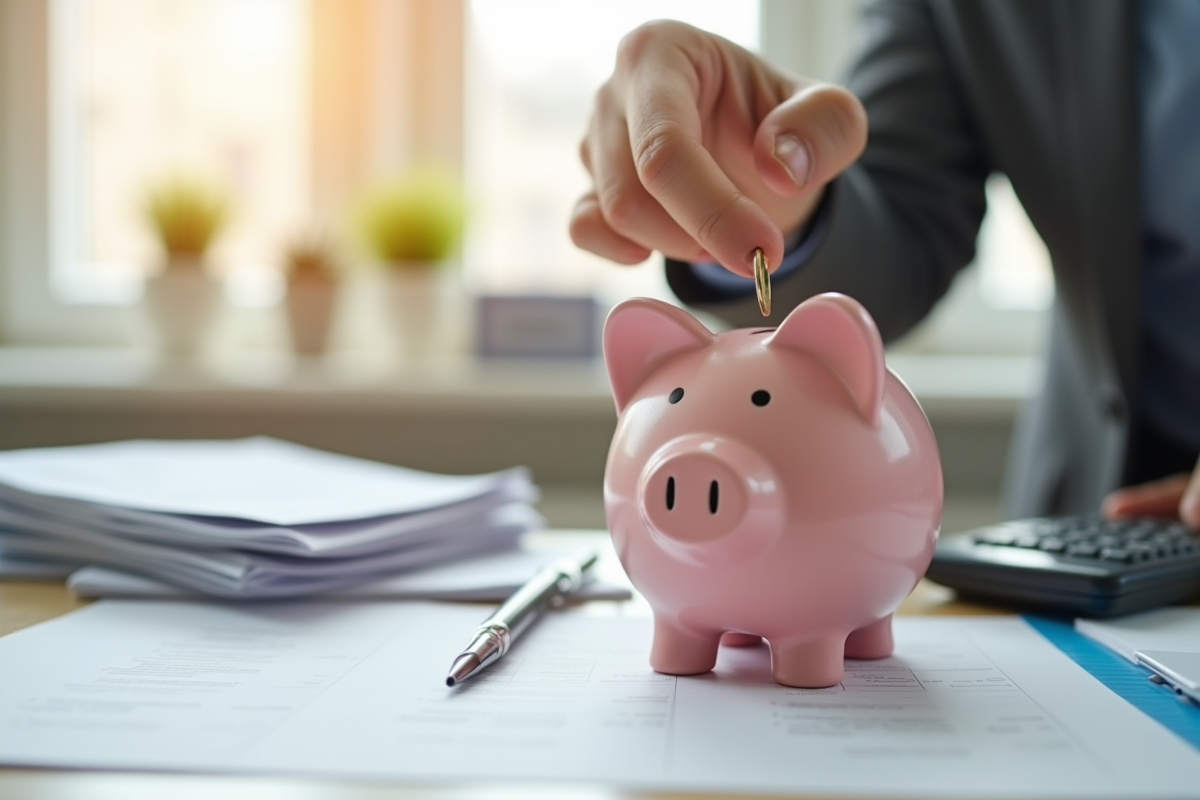 Main déposant une pièce dans une tirelire avec des papiers et une calculatrice