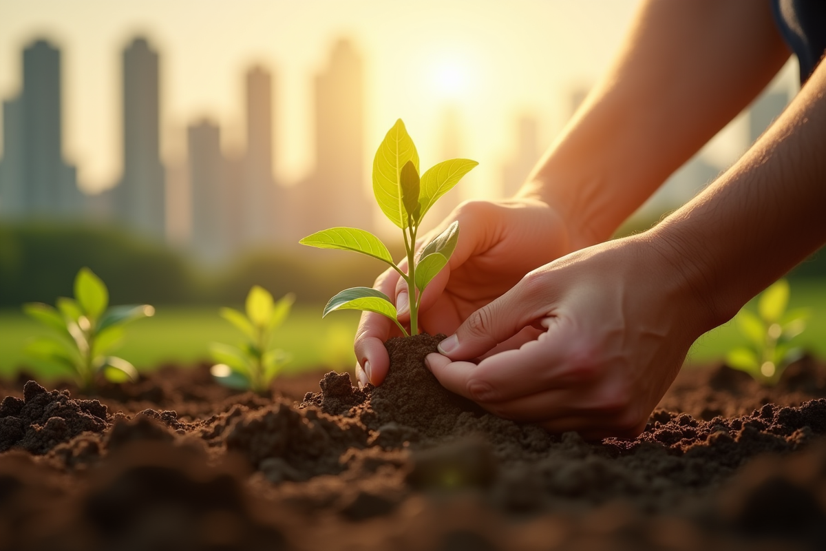 Mains plantant un jeune arbre dans la terre en plein soleil