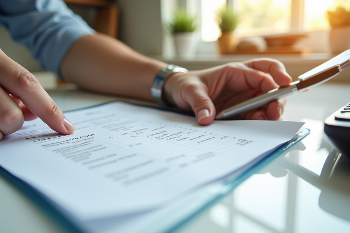 Main tenant un relevé de prêt immobilier avec calculatrice et stylo