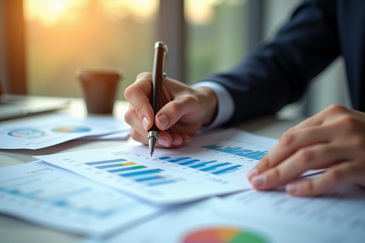 Mains tenant un dossier avec graphiques financiers et stylo