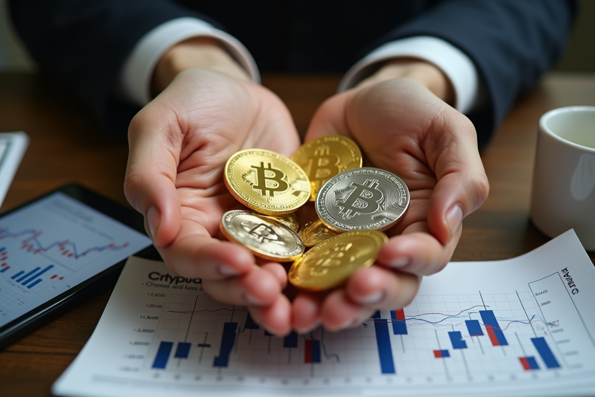 Mains tenant des pièces crypto avec documents financiers