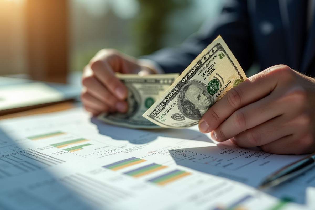 Mains tenant des dollars avec rapports financiers en arrière-plan